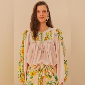 Farm Rio Pink Botanical Beauty Long Sleeve Blouse